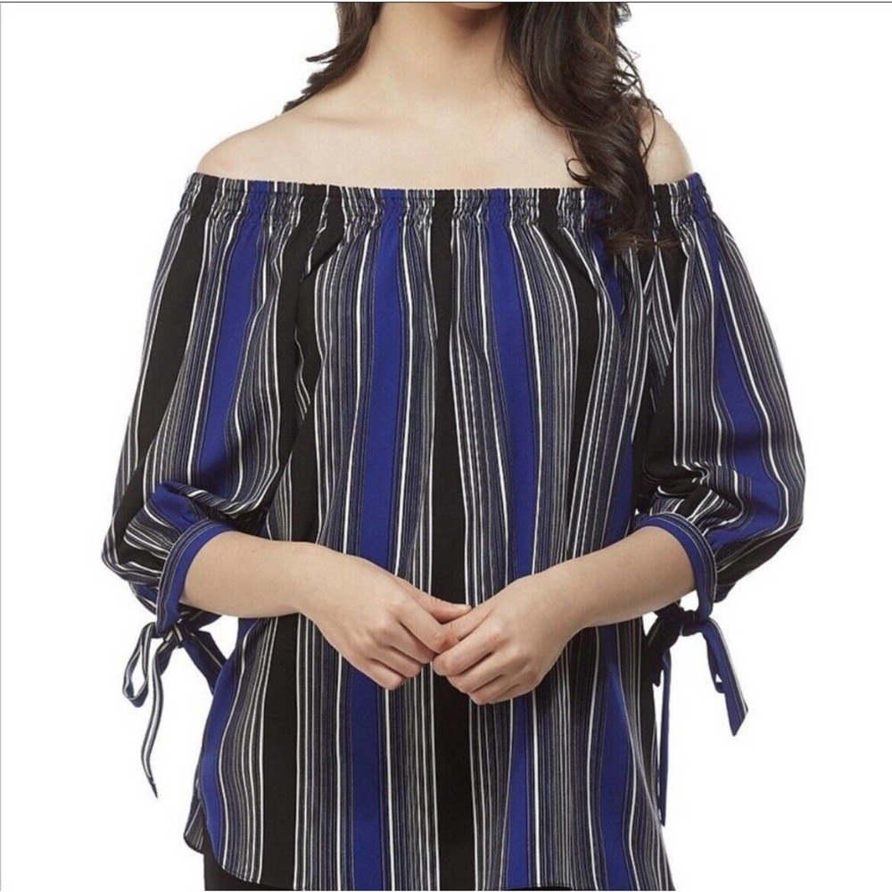 Peter Nygard Off The Shoulder Blue Black Top Blouse Womens Size Large
